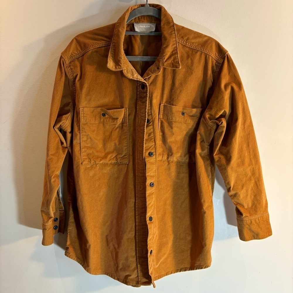 EVERLANE Sz M Corduroy Shirt Patch Pockets Buttoned Tulip Rounded Hem Shacket